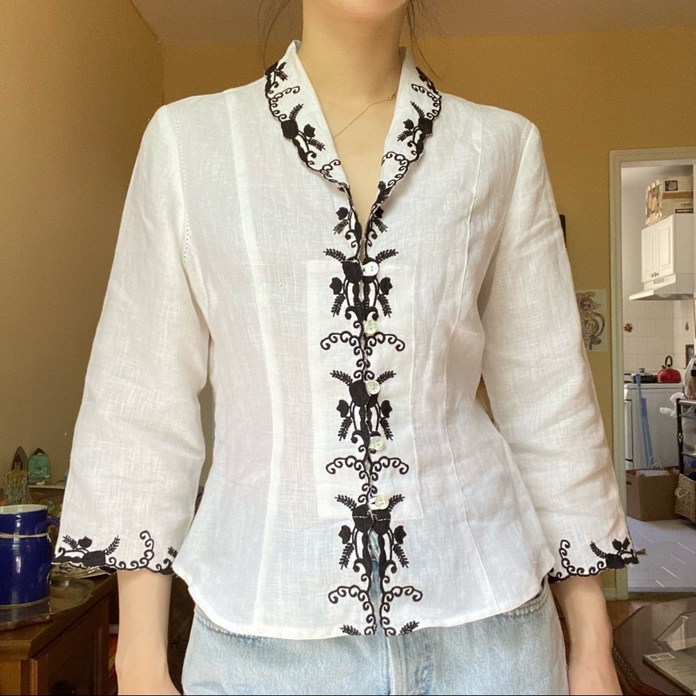 Edward Irish Linen white 3/4 sleeve with black embroidery